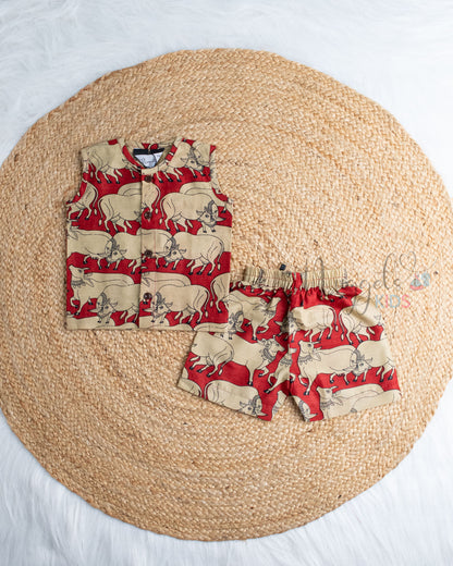 Ready to Ship: Meroon Pichwai Printed Sleeveless Jhabla and Shorts Set