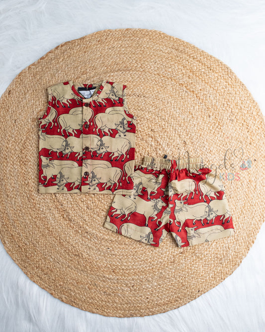 Ready to Ship: Meroon Pichwai Printed Sleeveless Jhabla and Shorts Set