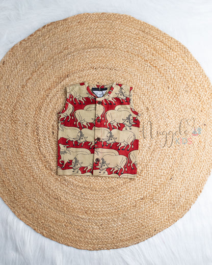 Ready to Ship: Meroon Pichwai Printed Sleeveless Jhabla and Shorts Set