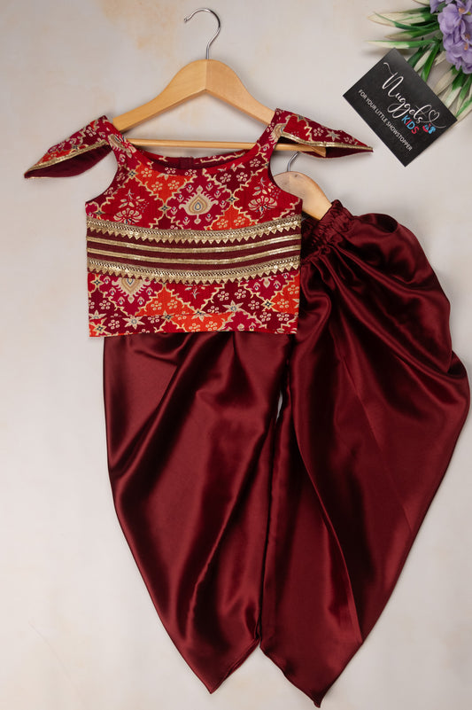 Pre Order: Multi-color foil Wing Sleeved Crop Top with Maroon Dhoti Pants