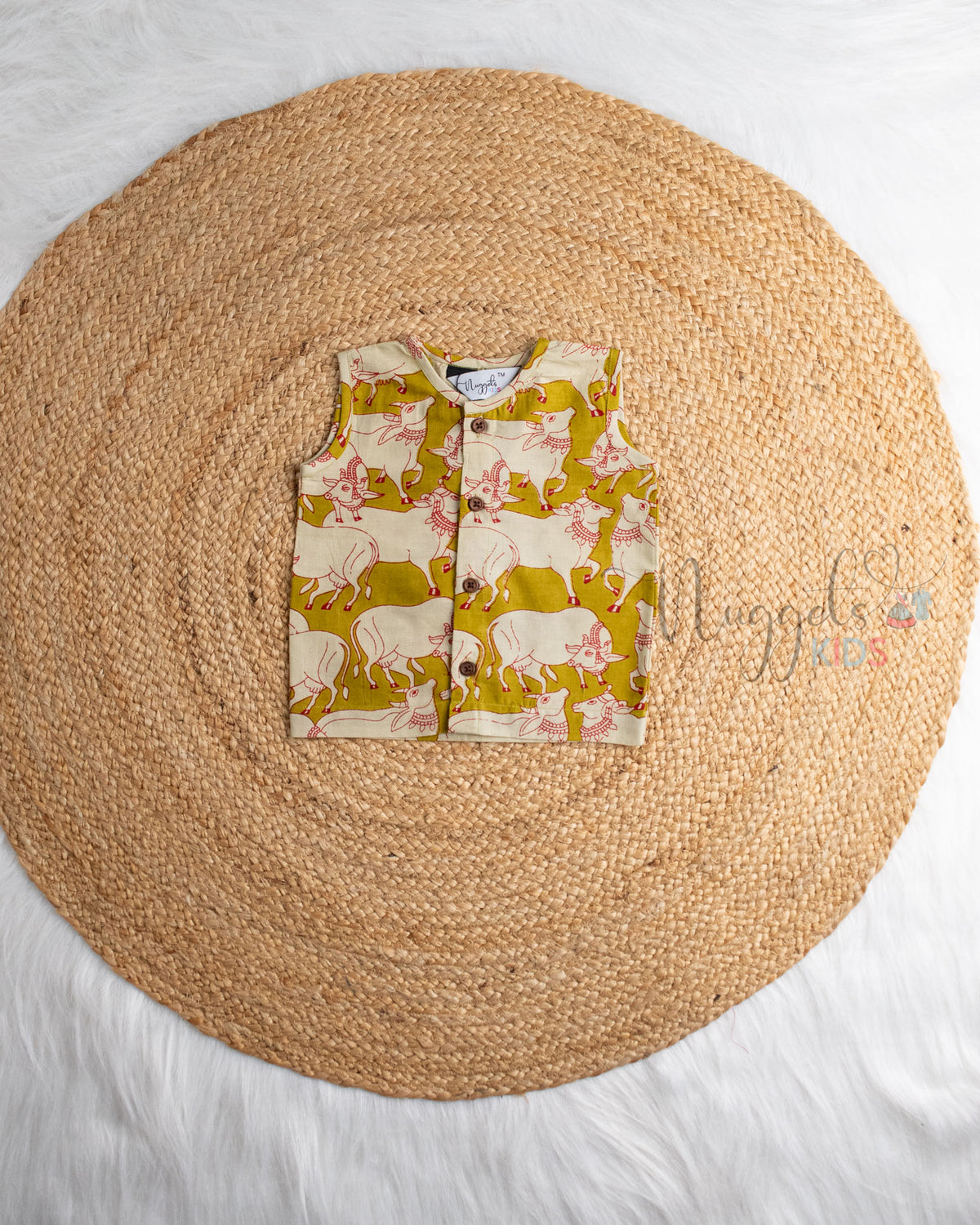 Ready to Ship: Olive Green Pichwai Printed Sleeveless Jhabla and Shorts Set
