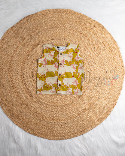 Ready to Ship: Olive Green Pichwai Printed Sleeveless Jhabla and Shorts Set