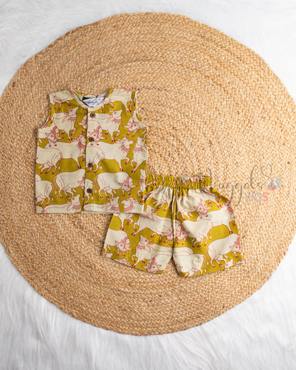 Ready to Ship: Olive Green Pichwai Printed Sleeveless Jhabla and Shorts Set