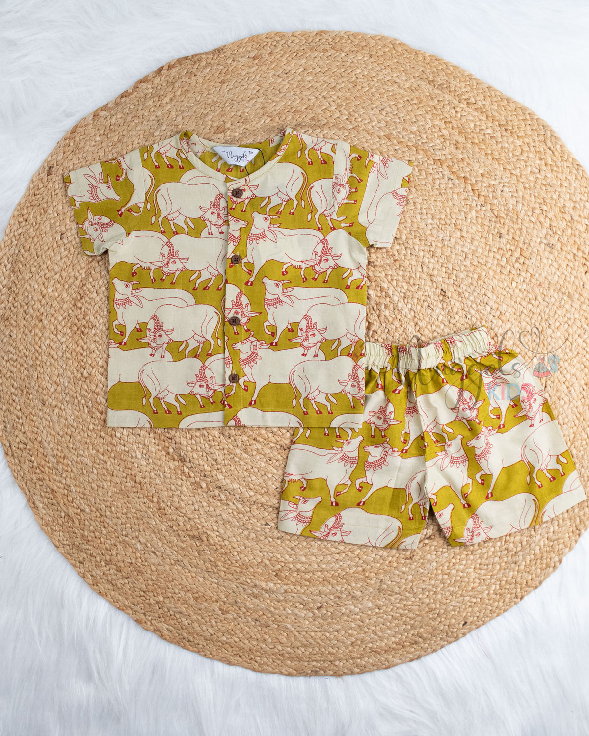 Ready to Ship: Oilve Green Pichwai  Printed Jhabla and Shorts Set with Sleeves