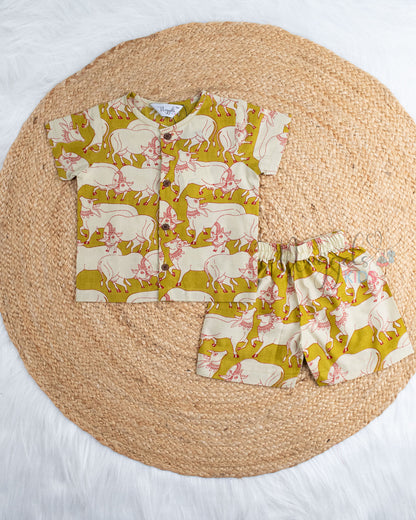 Ready to Ship: Oilve Green Pichwai  Printed Jhabla and Shorts Set with Sleeves