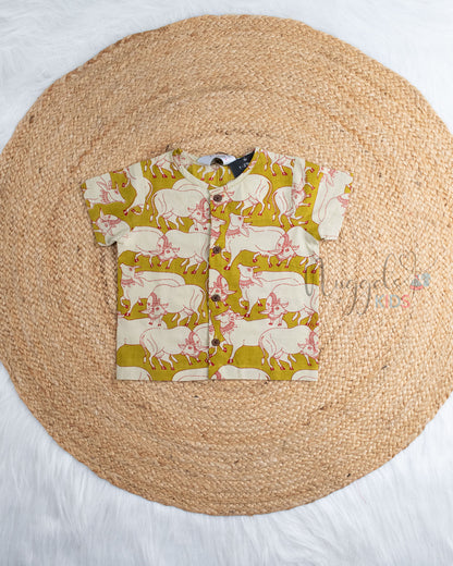 Ready to Ship: Oilve Green Pichwai  Printed Jhabla and Shorts Set with Sleeves