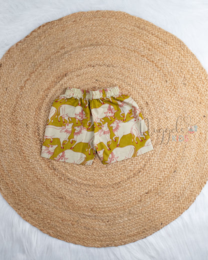 Ready to Ship: Oilve Green Pichwai  Printed Jhabla and Shorts Set with Sleeves