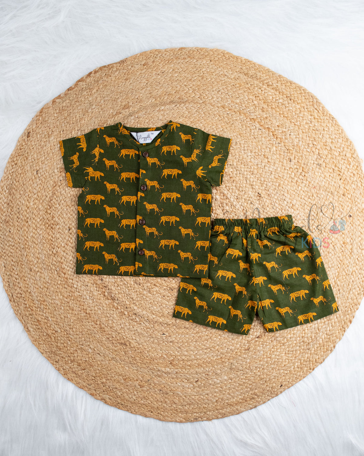 Ready to Ship: Green Cheeta Printed Jhabla and Shorts Set with Sleeves