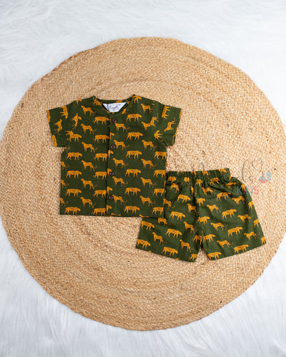 Ready to Ship: Green Cheeta Printed Jhabla and Shorts Set with Sleeves