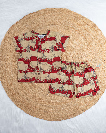 Ready to Ship: Pichwai Printed Jhabla and Shorts Set with Sleeves