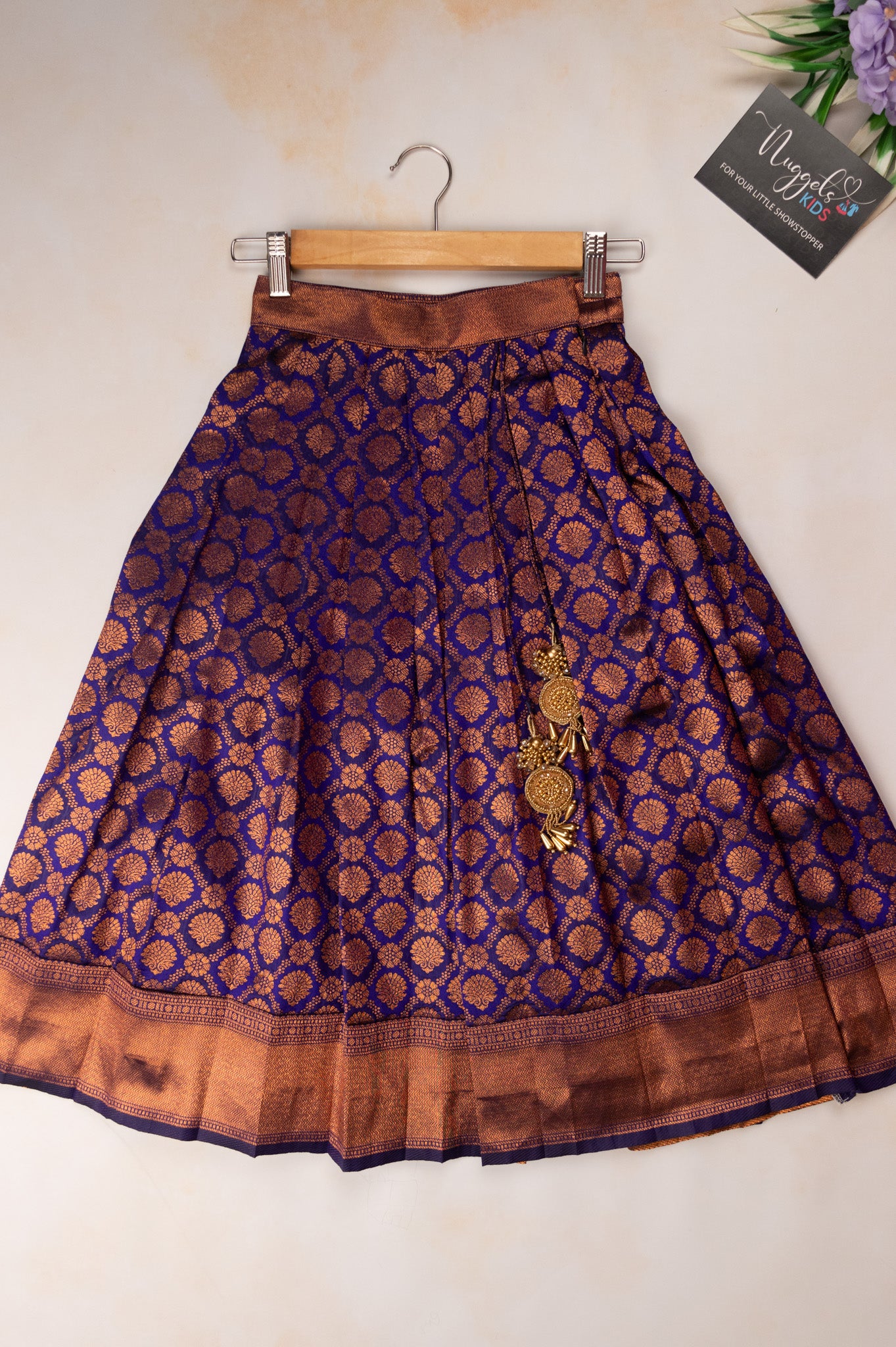 Pre Order: Blue and Peach Semi Silk Skirt Set with Copper zari and hand embroidered tie back top