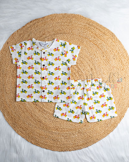 Ready to Ship: Funky Ride Scooter Printed Jhabla and Shorts Set with Sleeves
