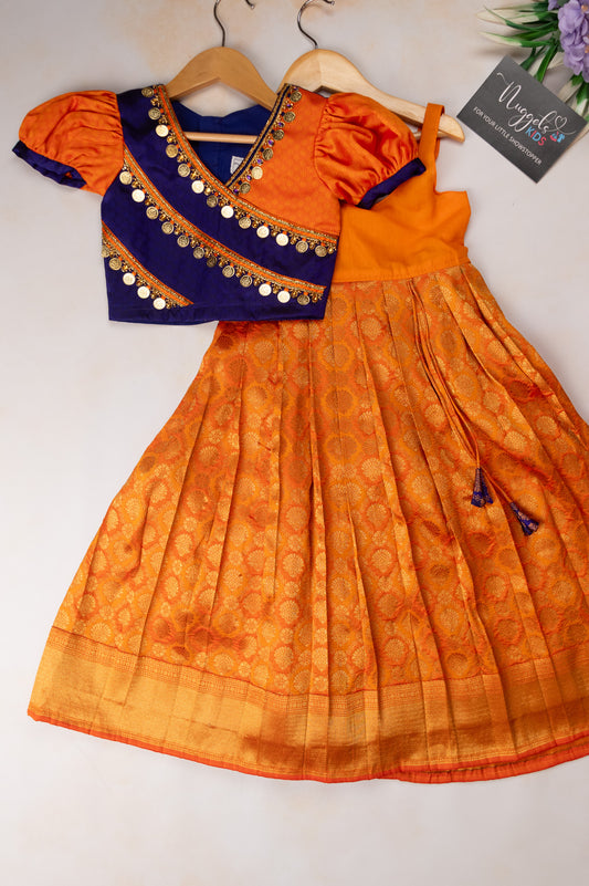 Pre Order: Yellowish Orange and Blue Semi Silk Skirt Set and hand embroidered coin work top