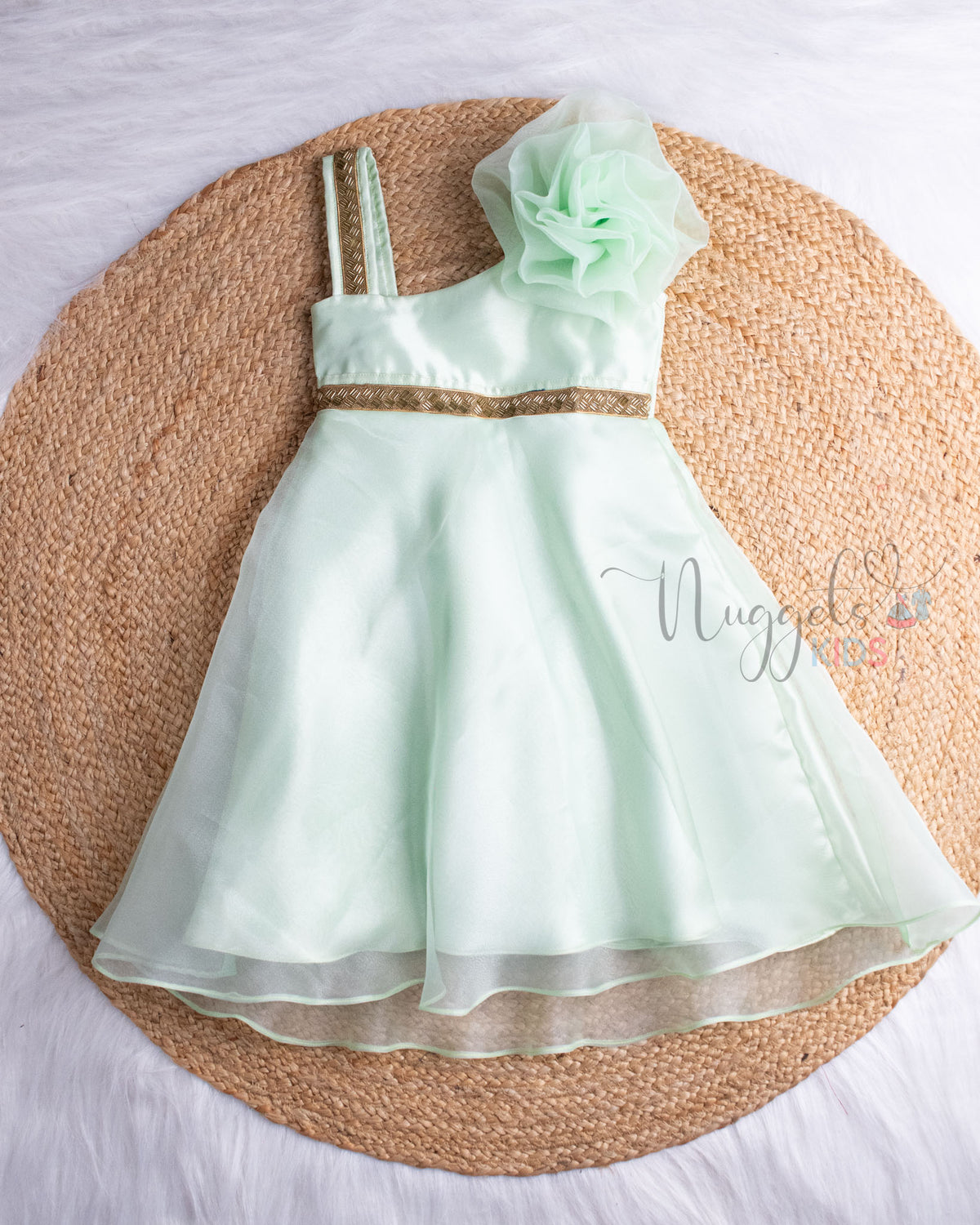 Ready To Ship: Pista Green One Shoulder Party Gown With Floral Bow Detailing