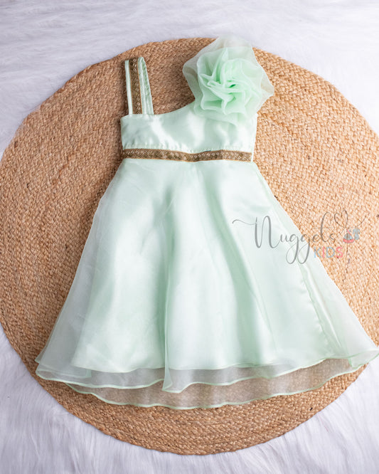 Ready To Ship: Pista Green One Shoulder Party Gown With Floral Bow Detailing