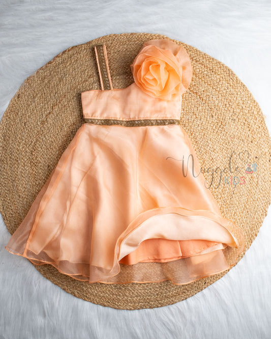 Ready To Ship: Coral One Shoulder Party Gown With Floral Bow Detailing