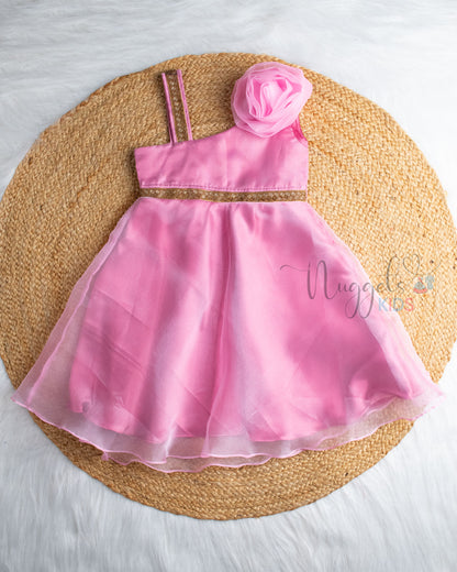 Ready To Ship: Magenta One Shoulder Party Gown With Floral Bow Detailing