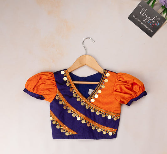 Pre Order: Yellowish Orange and Blue Semi Silk Skirt Set and hand embroidered coin work top