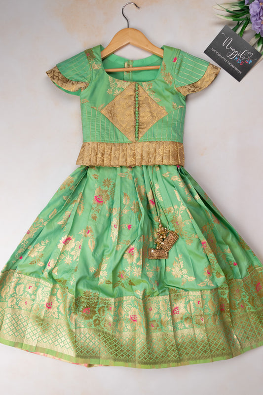 Pre Order: Pastel Green Semi Silk Skirt Set and Golden brocade patch work top