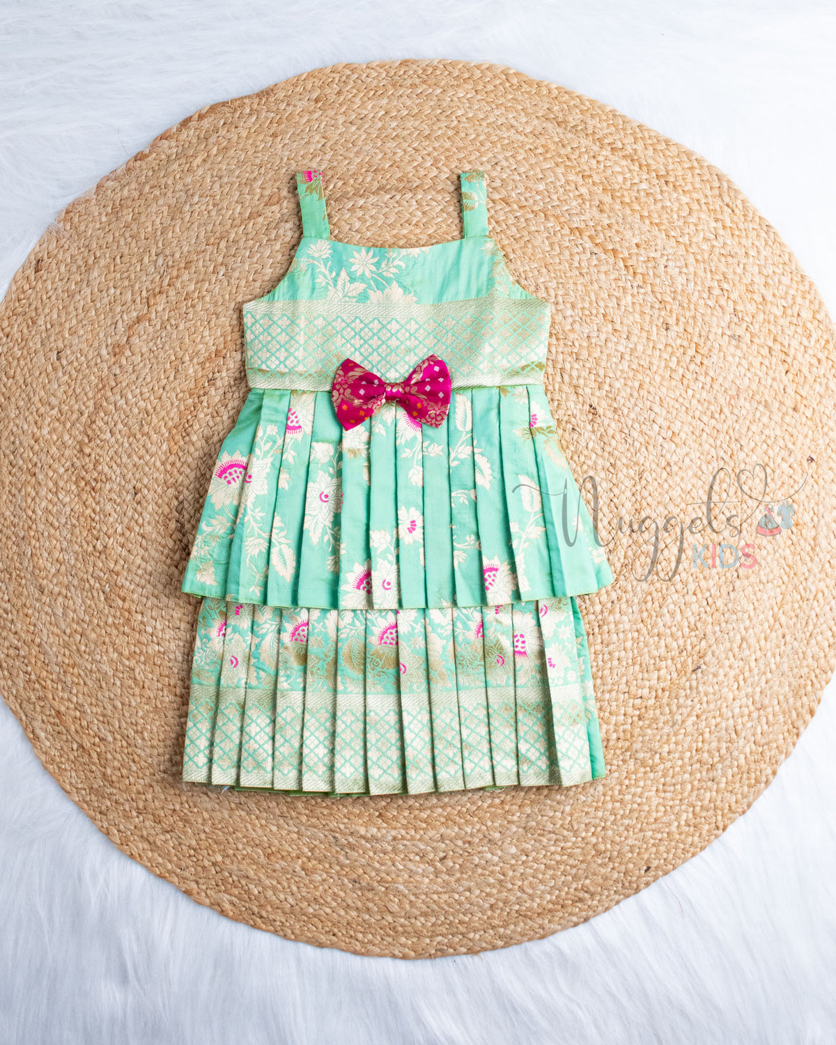 Ready to Ship: Pista Green Banarasi Semi Silk Two Layer frock  With Sleeveless And Bow Detailing