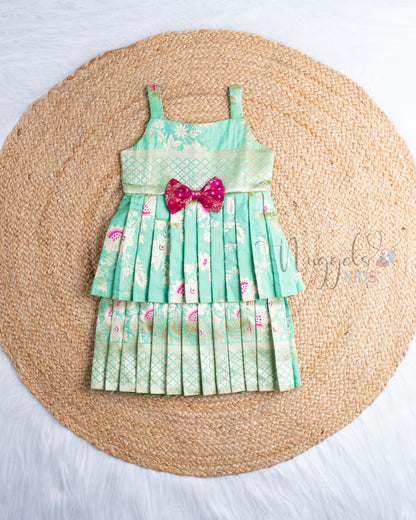 Ready to Ship: Pista Green Banarasi Semi Silk Two Layer frock  With Sleeveless And Bow Detailing