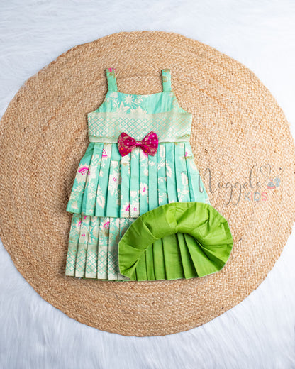 Ready to Ship: Pista Green Banarasi Semi Silk Two Layer frock  With Sleeveless And Bow Detailing