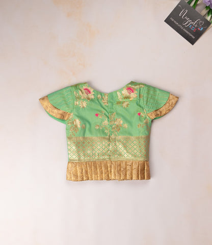 Pre Order: Pastel Green Semi Silk Skirt Set and Golden brocade patch work top