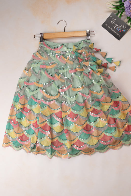 Pre Order: Pastel teal green sequined lehenga with pleated neck top and capelet sleeves