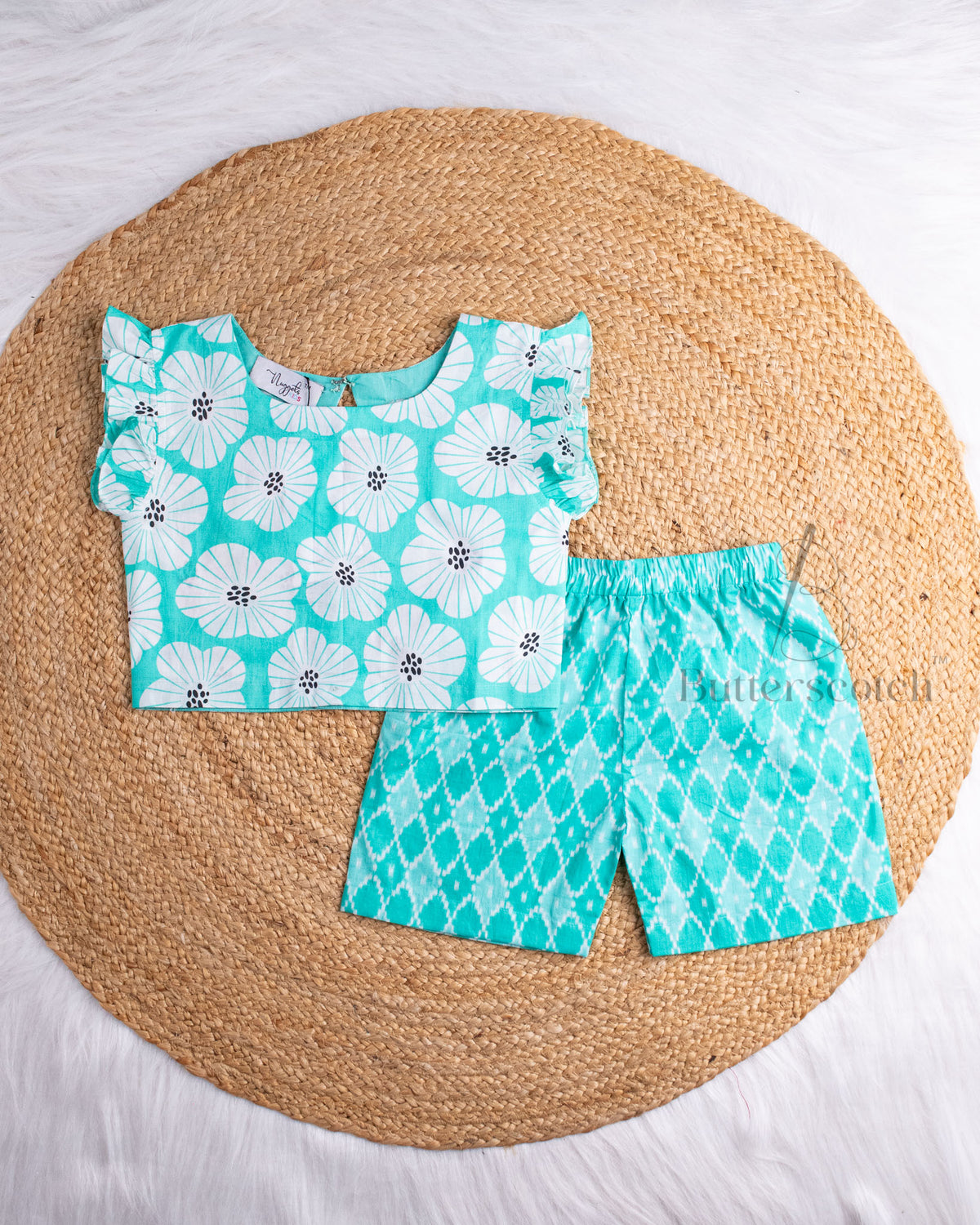 Ready to Ship: Turquoise Cambric Cotton Short Set With Ruffle Sleeves