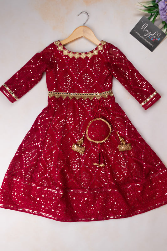 Pre Order: Maroonish Pink Sequin and Embroidery work Anarkali with designer tassels