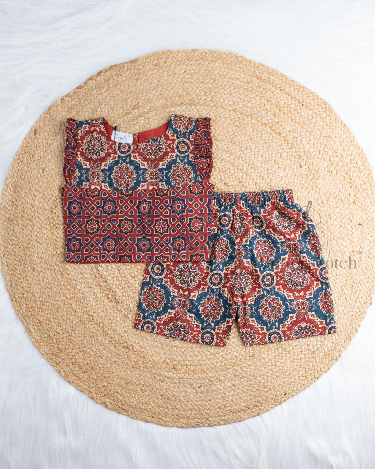 Ready to Ship: Ajrakh Maroon Cotton Short Set And Ruffle Sleeves