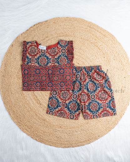 Ready to Ship: Ajrakh Maroon Cotton Short Set And Ruffle Sleeves