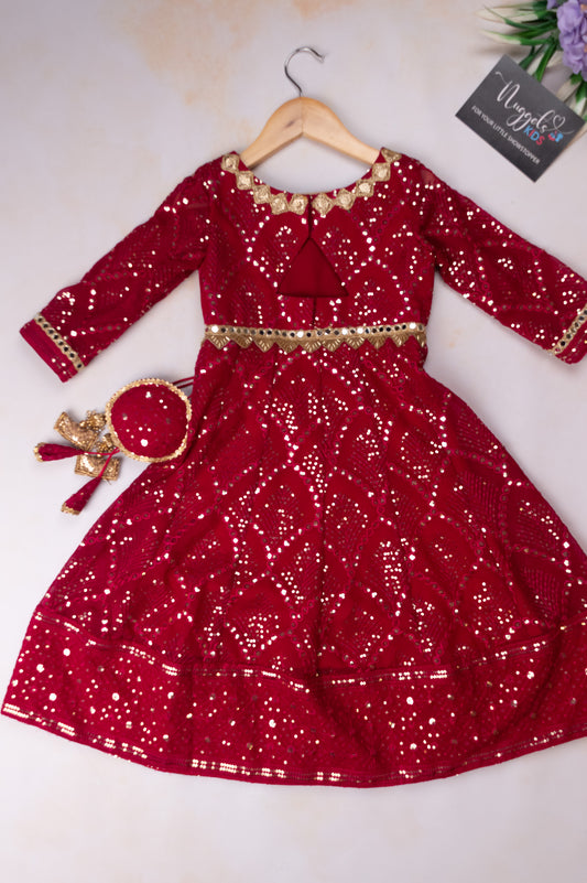 Pre Order: Maroonish Pink Sequin and Embroidery work Anarkali with designer tassels