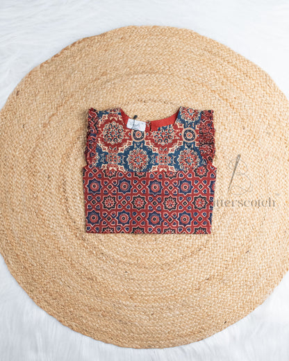 Ready to Ship: Ajrakh Maroon Cotton Short Set And Ruffle Sleeves