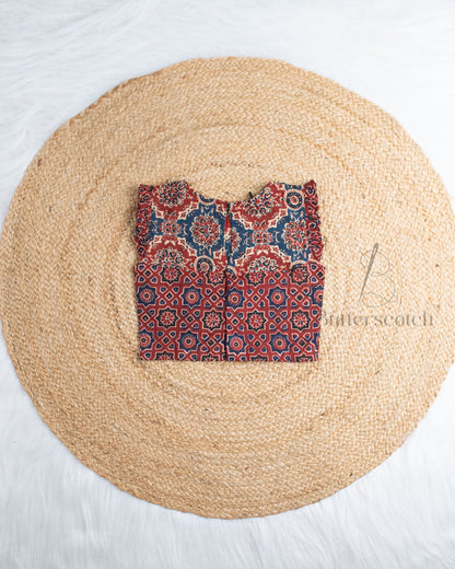 Ready to Ship: Ajrakh Maroon Cotton Short Set And Ruffle Sleeves