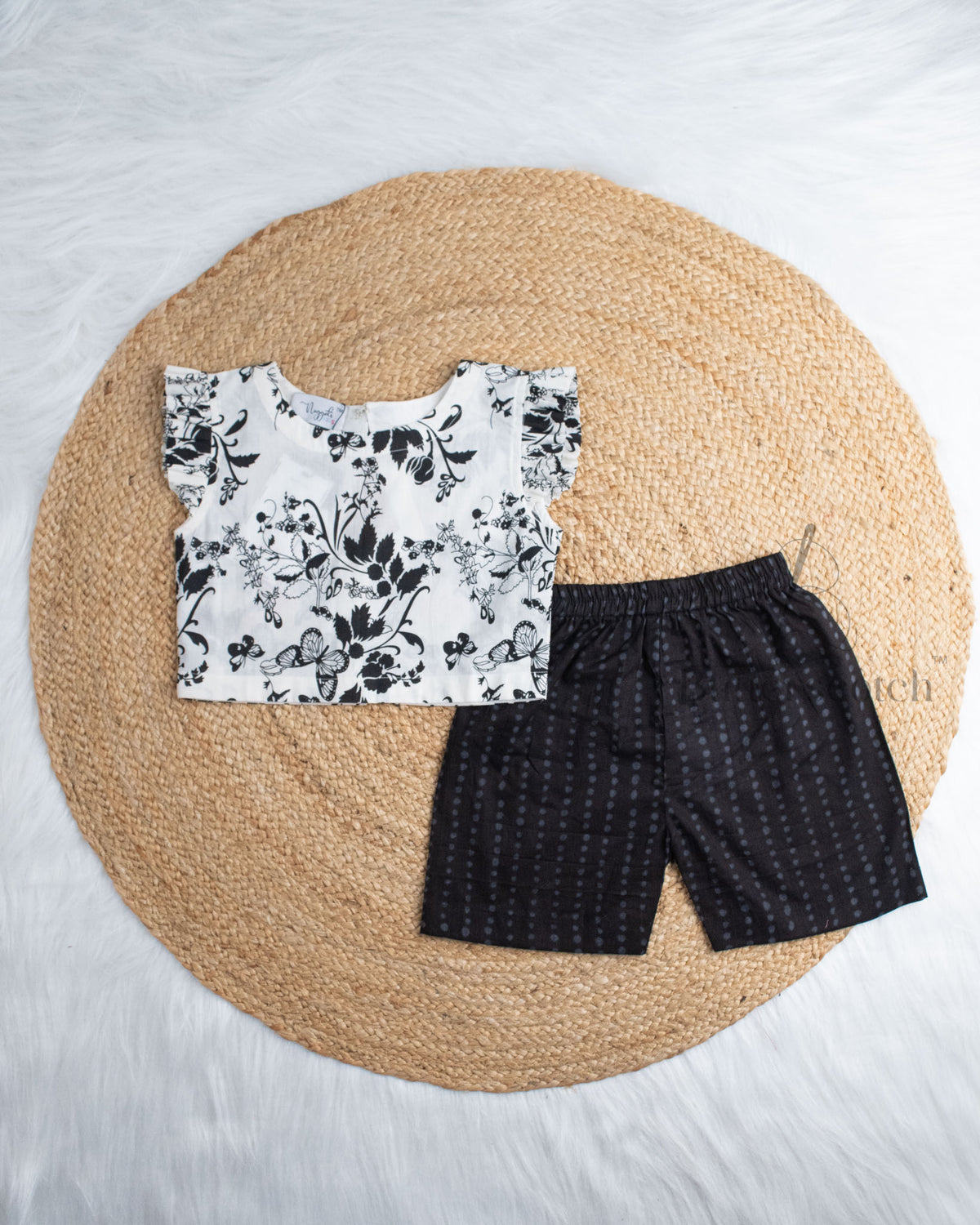 Ready to Ship: White And Black Cambric Cotton Short Set With Ruffle Sleeves