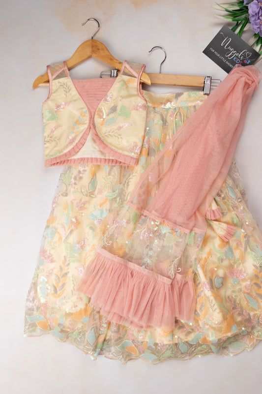 Pre Order: Stylish Pastel Lemonish Yellow Lehenga with multicolor sequins and embroidery with designer blouse and dupatta