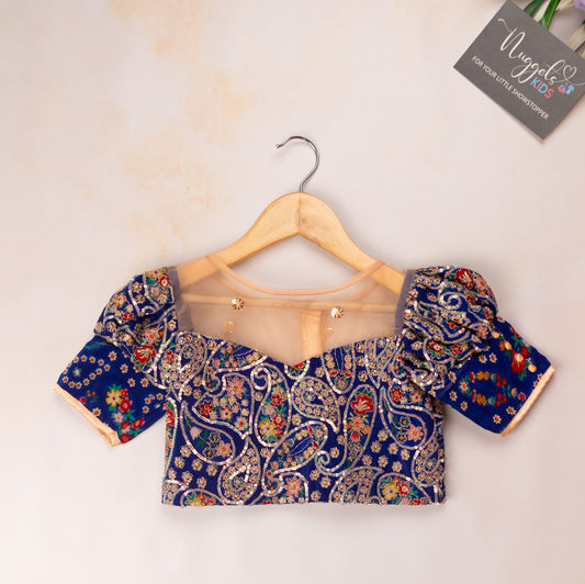 Pre Order: Beige sequined lehenga with patch work detailing and blue designer dola silk blouse with puff sleeves and sweetheart neckline