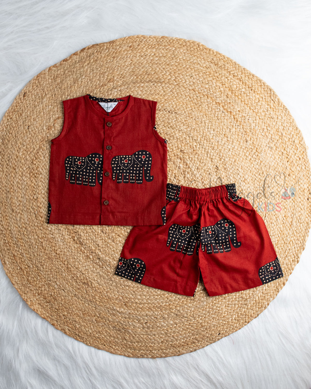 Ready to Ship: Crimson Giants Elephant Printed Sleeveless Jhabla and Shorts Set
