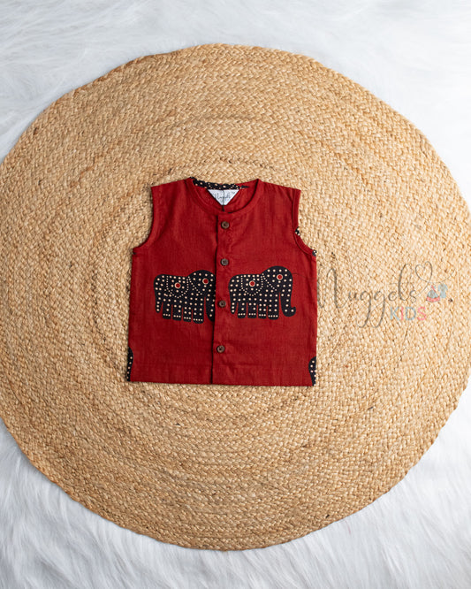 Ready to Ship: Crimson Giants Elephant Printed Sleeveless Jhabla and Shorts Set