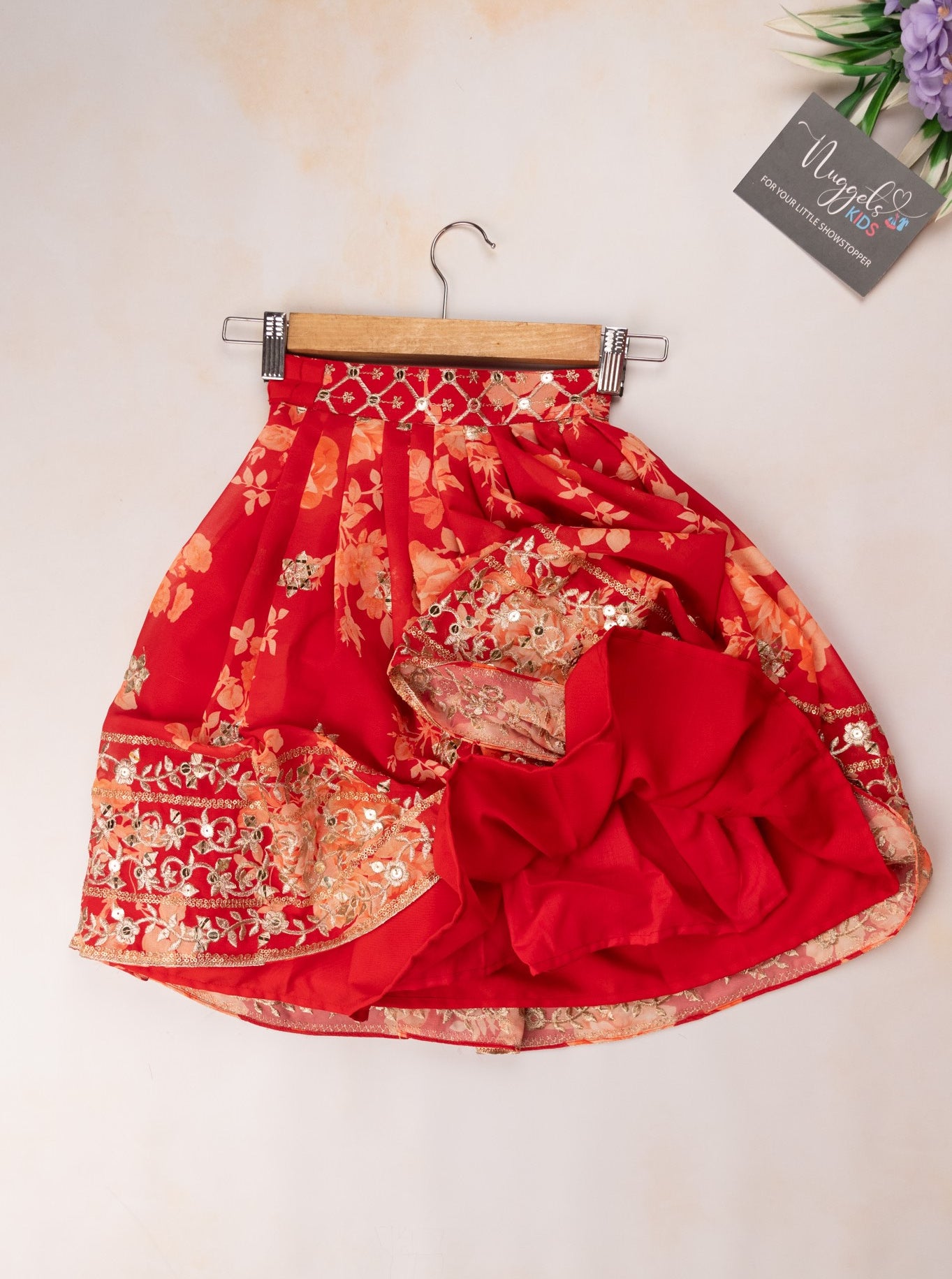 Pre Order: Red floral sequined lehenga and designer blouse with divided cape sleeves