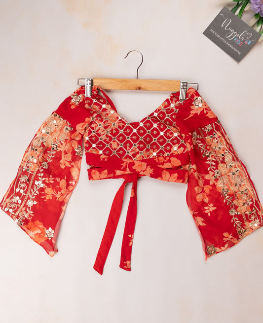 Pre Order: Red floral sequined lehenga and designer blouse with divided cape sleeves