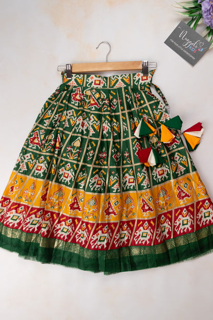 Pre Order: Multicolor Patola lehenga and designer blouse with puff sleeves