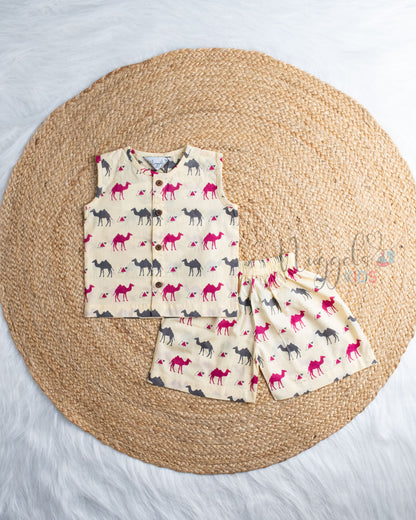 Ready to Ship: Camel Printed Sleeveless Jhabla and Shorts Set