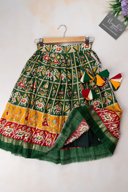 Pre Order: Multicolor Patola lehenga and designer blouse with puff sleeves