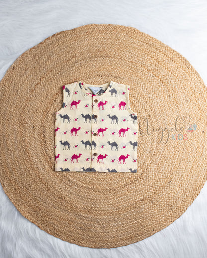 Ready to Ship: Dune Magic Camel Printed Pure Cotton Jhabla with Wooden Button Detailing