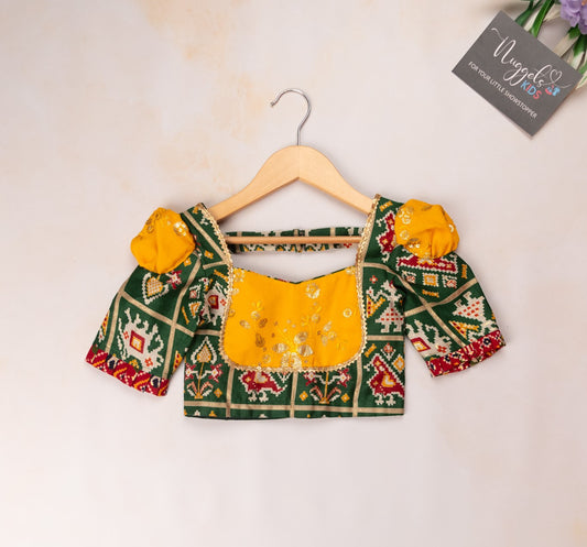 Pre Order: Multicolor Patola lehenga and designer blouse with puff sleeves