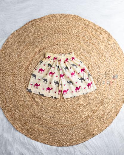 Ready to Ship: Camel Printed Sleeveless Jhabla and Shorts Set