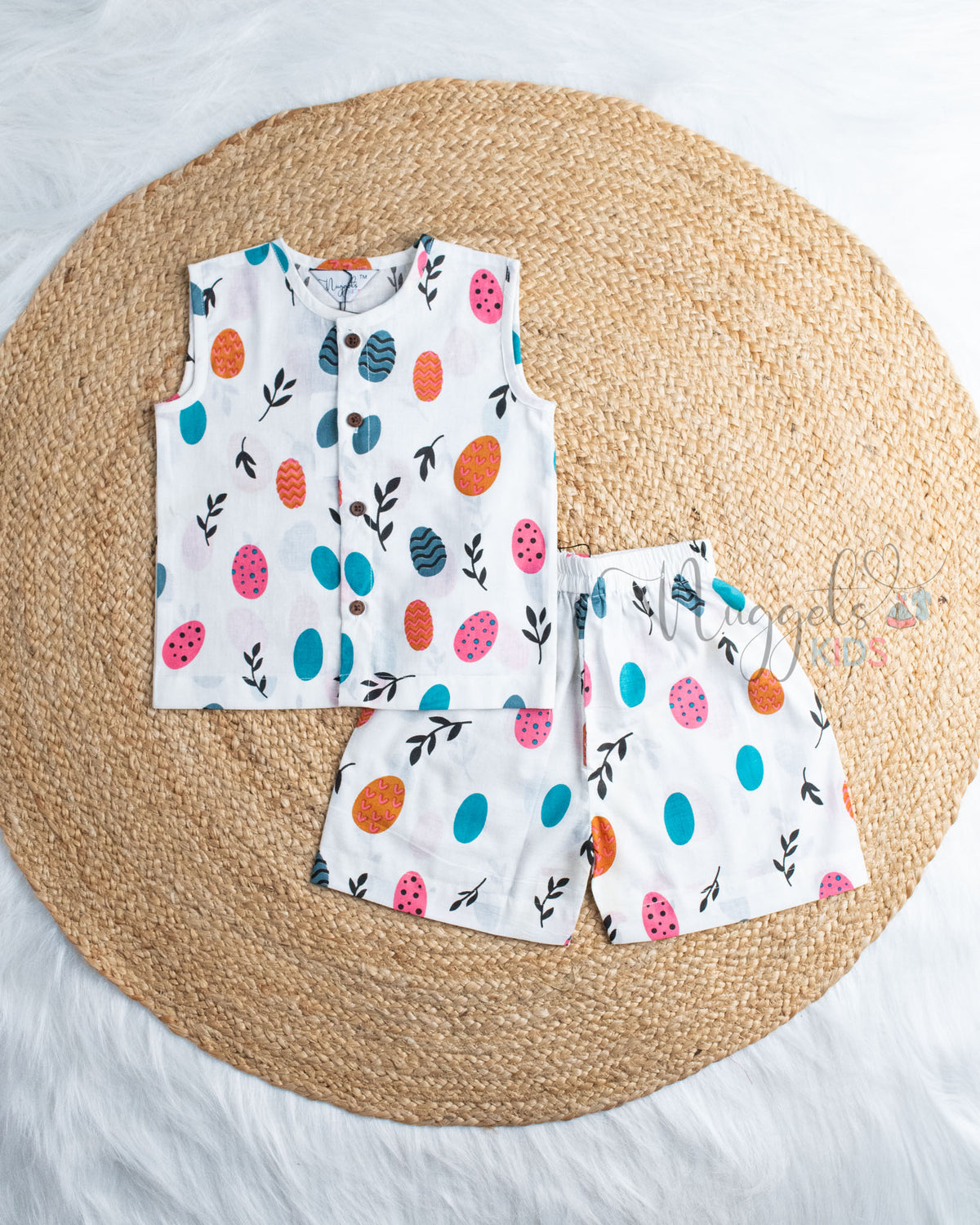 Ready to Ship: Twig Leaf Animals Printed Pure Cotton Sleeved Jhabla with Wooden Button Detailing