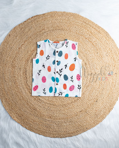Ready to Ship: Twig Leaf Animals Printed Pure Cotton Sleeved Jhabla with Wooden Button Detailing